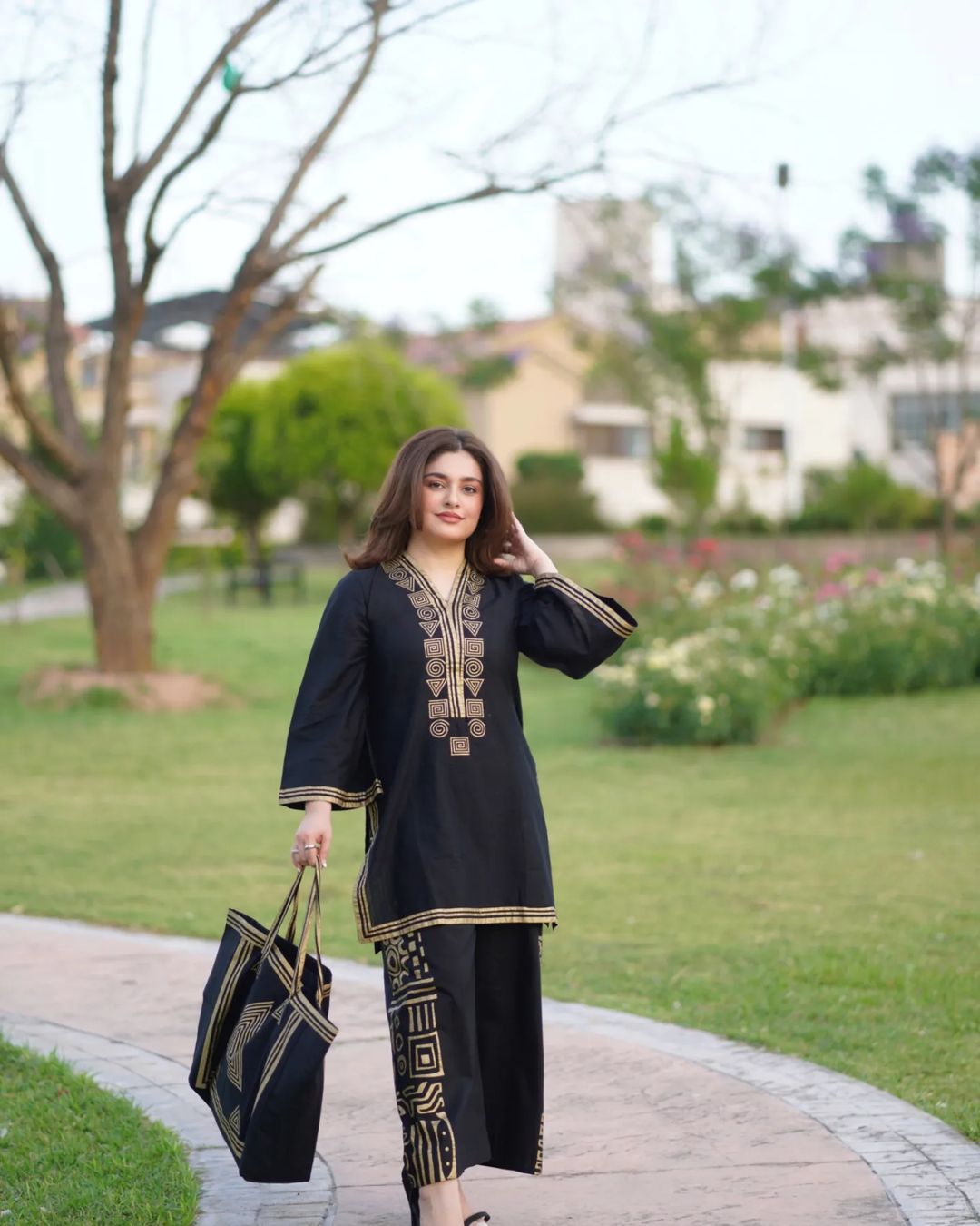 Premium Print Shirt With Printed Plazo & HandBag - Black